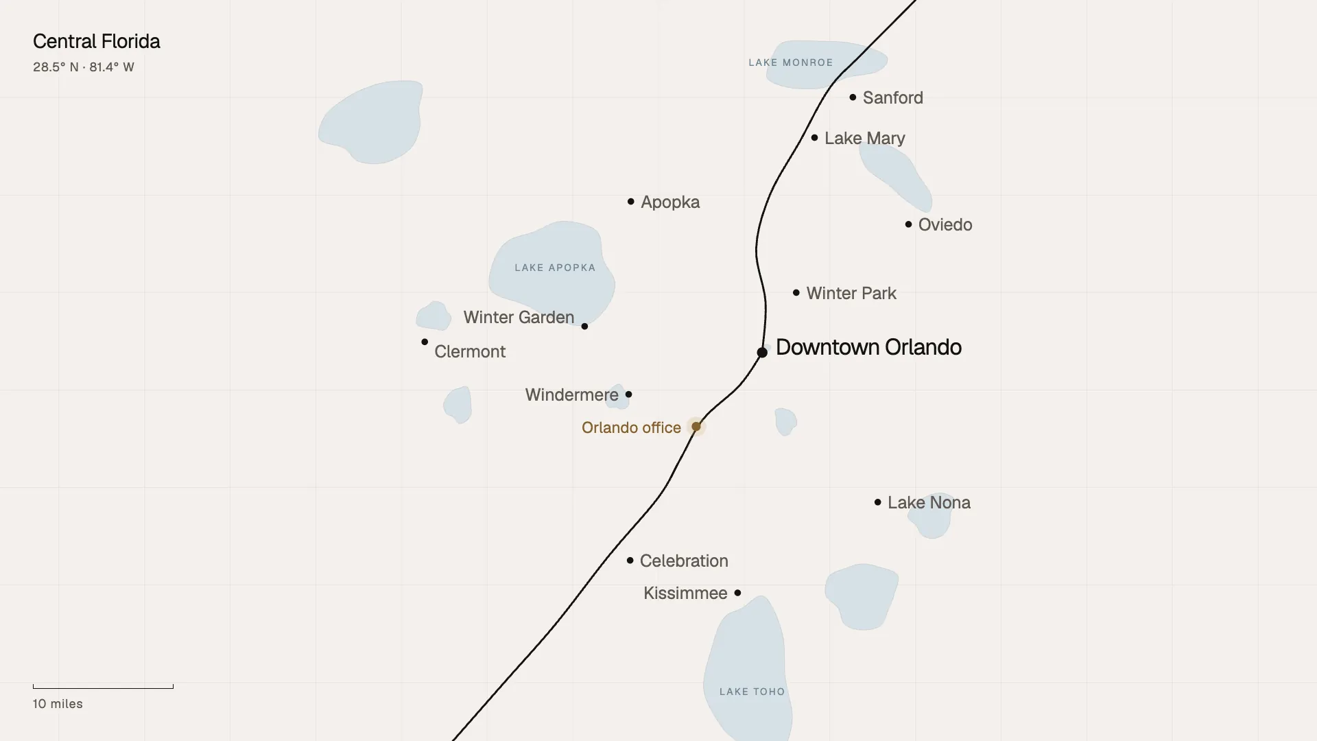 Map of Central Florida: downtown Orlando and the Orlando office on I-4, with Winter Park, Windermere, Winter Garden, Clermont, Apopka, Lake Mary, Sanford, Oviedo, Lake Nona, Celebration and Kissimmee.
