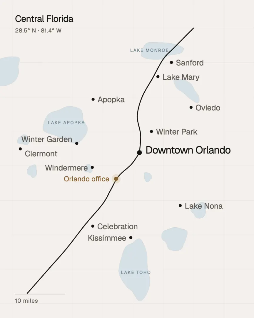 Map of Central Florida: downtown Orlando and the Orlando office on I-4, with Winter Park, Windermere, Winter Garden, Clermont, Apopka, Lake Mary, Sanford, Oviedo, Lake Nona, Celebration and Kissimmee.
